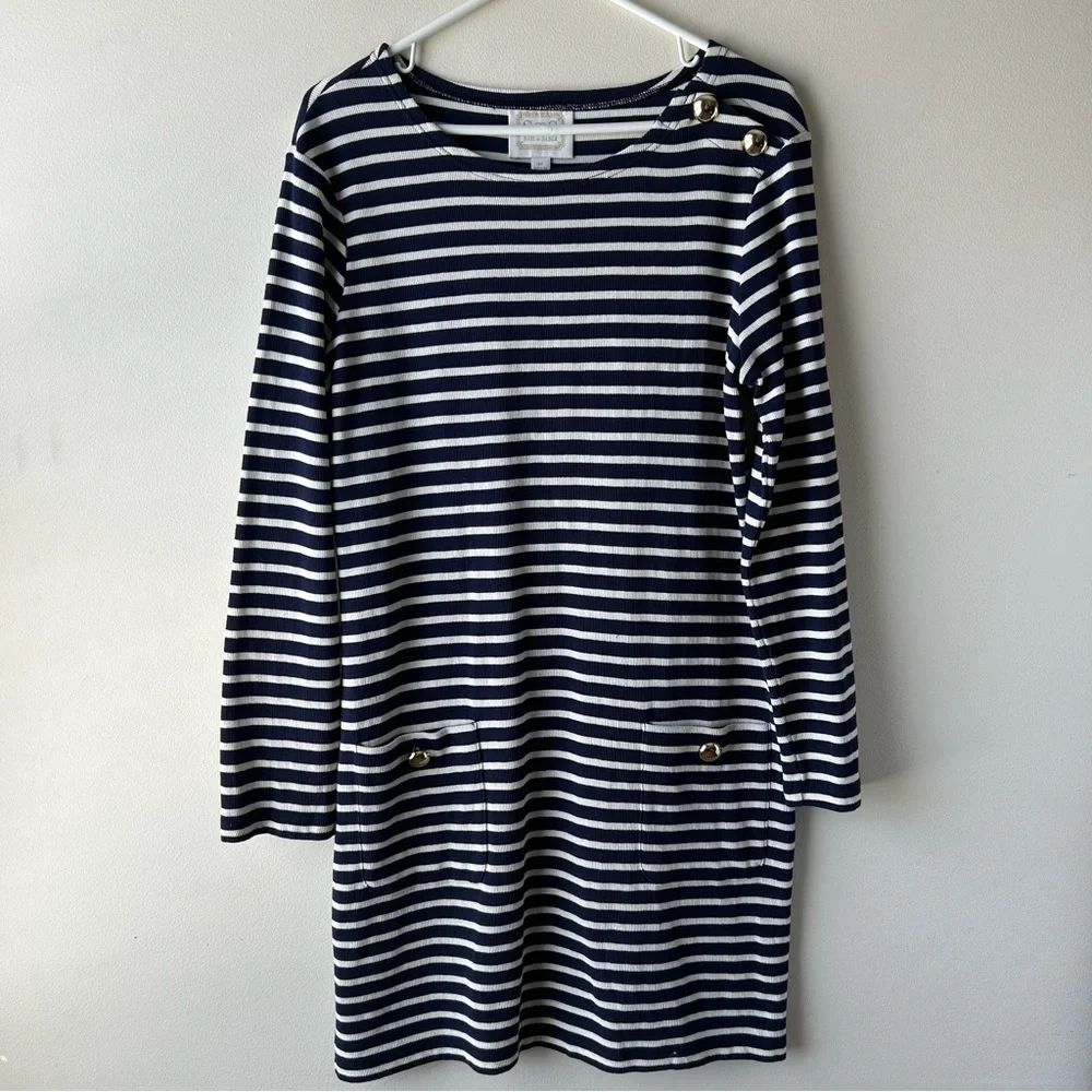 Sail to Sable 100% Cotton Stripe Long Sleeve Button Neck Dress Navy Ivory Gold M
